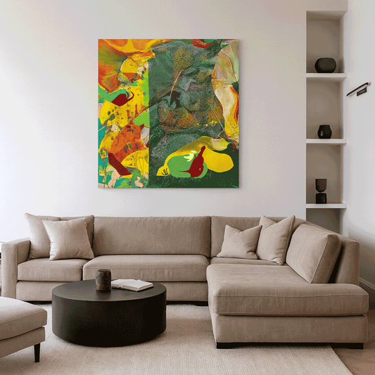 "פריחה פראית בצהוב ואדום" – ציור אקריליק מופשט ואנרגטי | חביבה גולדפרב (Wild Bloom in Yellow and Red – Energetic Abstract Acrylic Painting | Haviva Goldfarb)