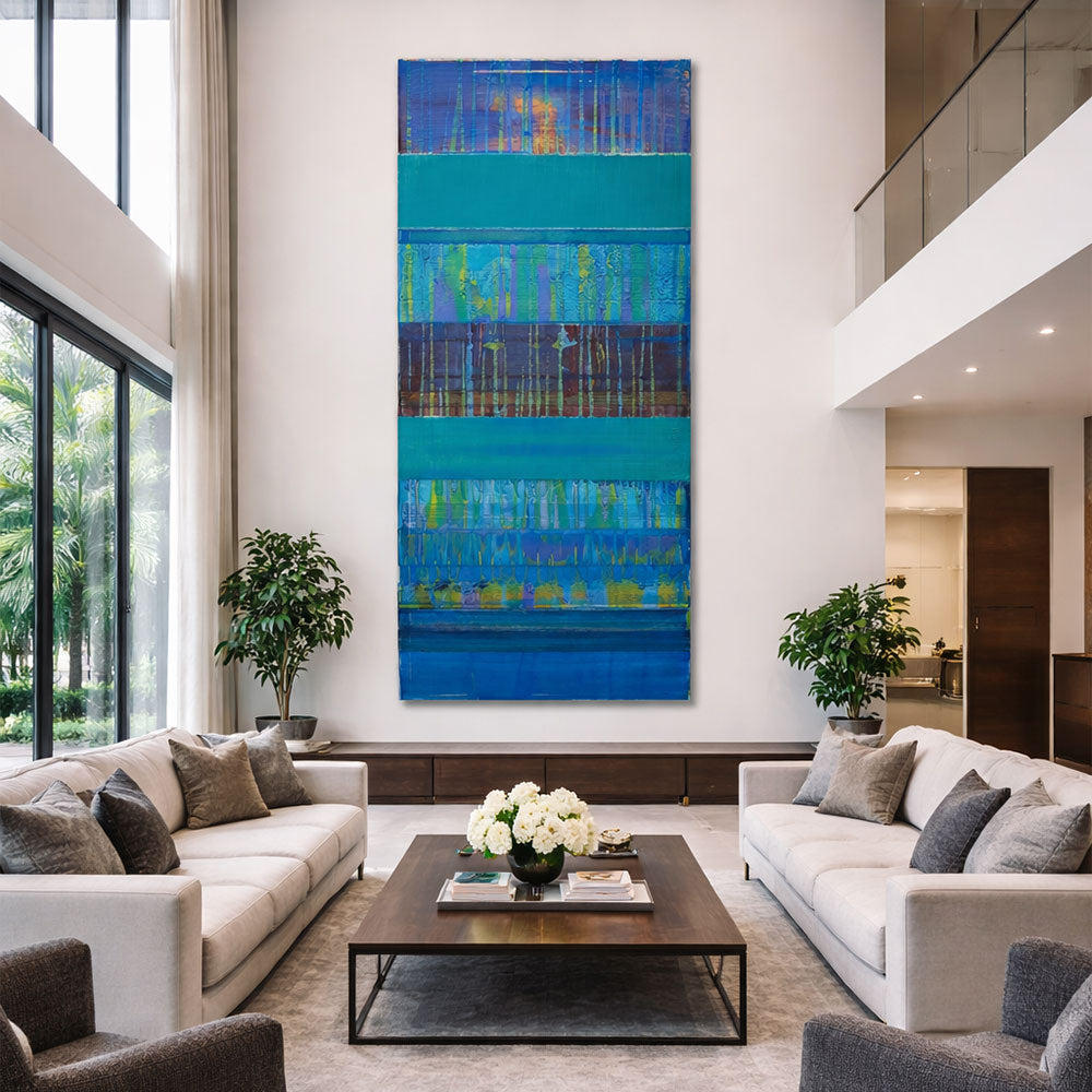 מפל אנכי של טורקיז - ציור מופשט גבוה וצר בגווני מים (70x200)