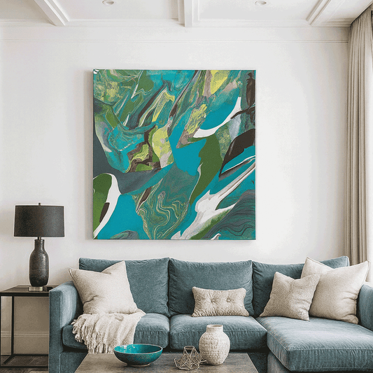 "מעמקי הטורקיז" – ציור אקריליק מופשט וזורם | חביבה גולדפרב (Turquoise Depths – Abstract Fluid Acrylic Painting | Haviva Goldfarb)