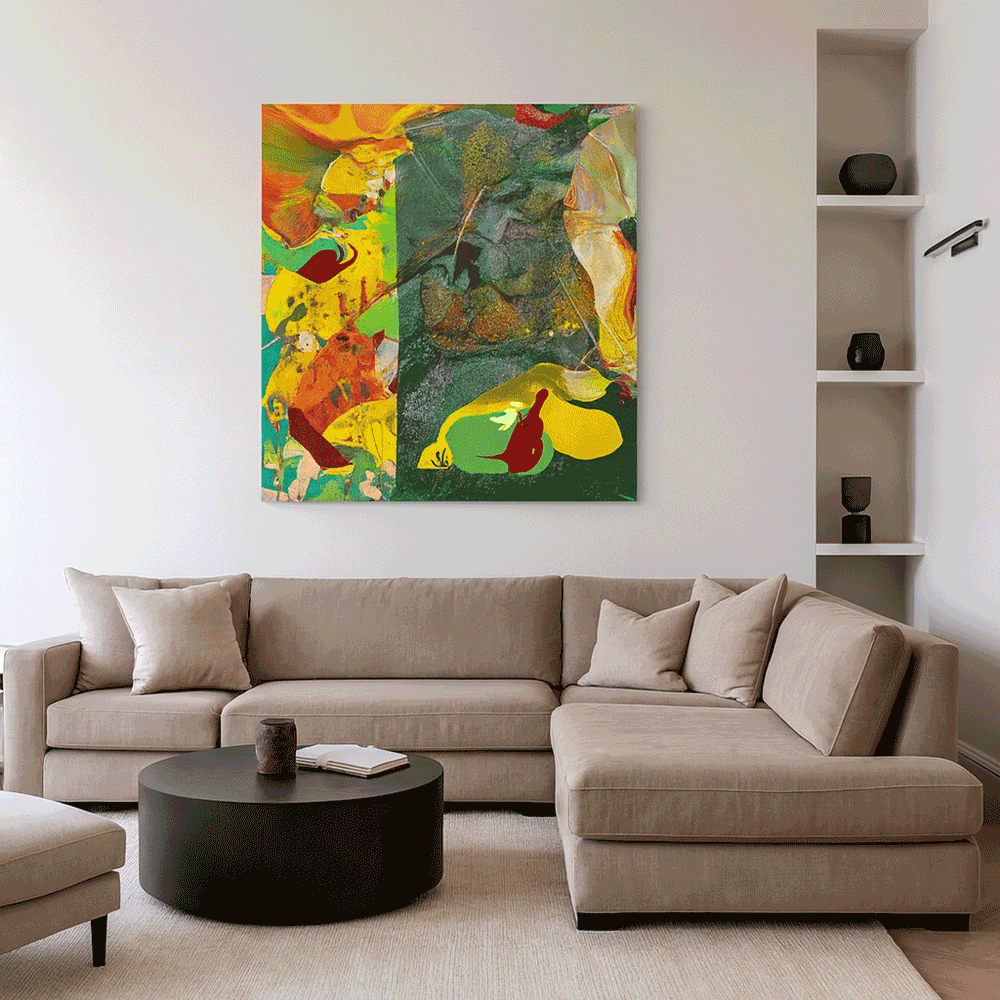 "פריחה פראית בצהוב ואדום" – ציור אקריליק מופשט ואנרגטי | חביבה גולדפרב (Wild Bloom in Yellow and Red – Energetic Abstract Acrylic Painting | Haviva Goldfarb)