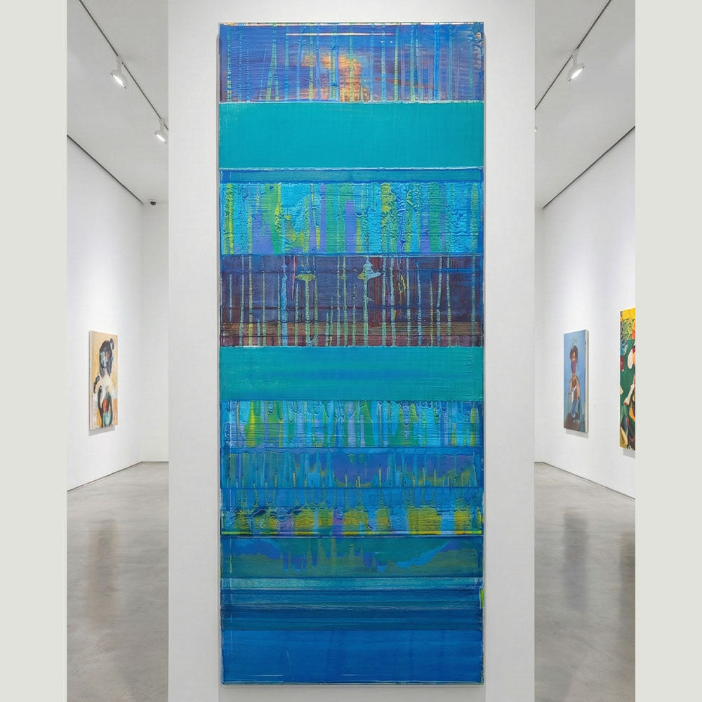 מפל אנכי של טורקיז - ציור מופשט גבוה וצר בגווני מים (70x200)