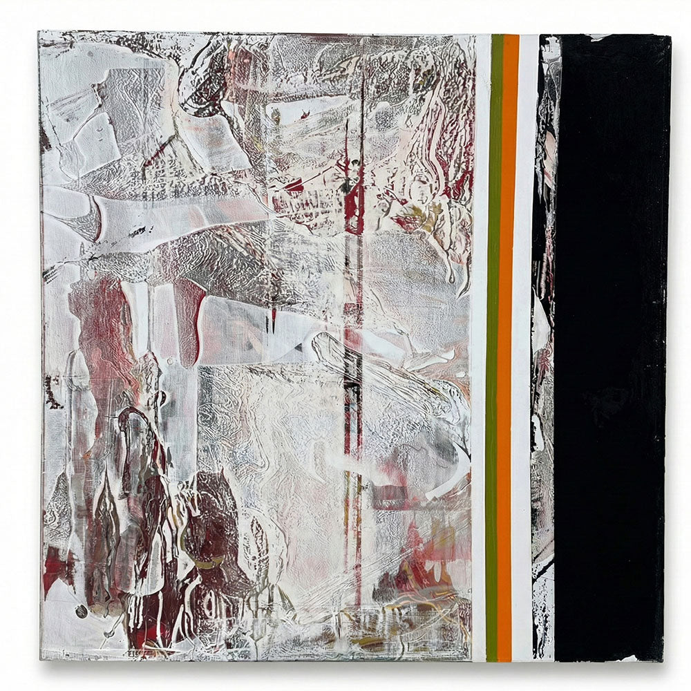 מפגש בין זמנים – ציור מופשט בטקסטורה עשירה ופסים גיאומטריים