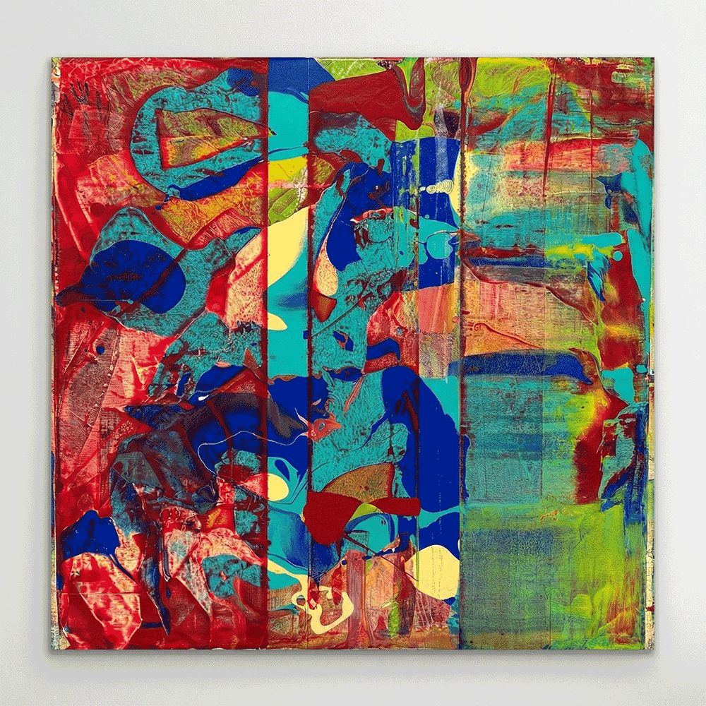 התנגשות הרמונית באדום וכחול. ציור אקריליק מופשט בטקסטורה עשירה