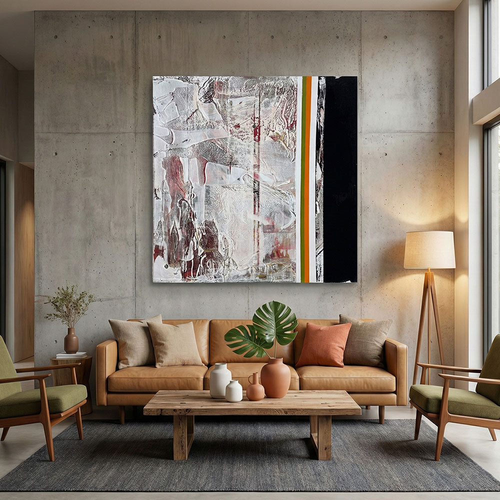 מפגש בין זמנים – ציור מופשט בטקסטורה עשירה ופסים גיאומטריים