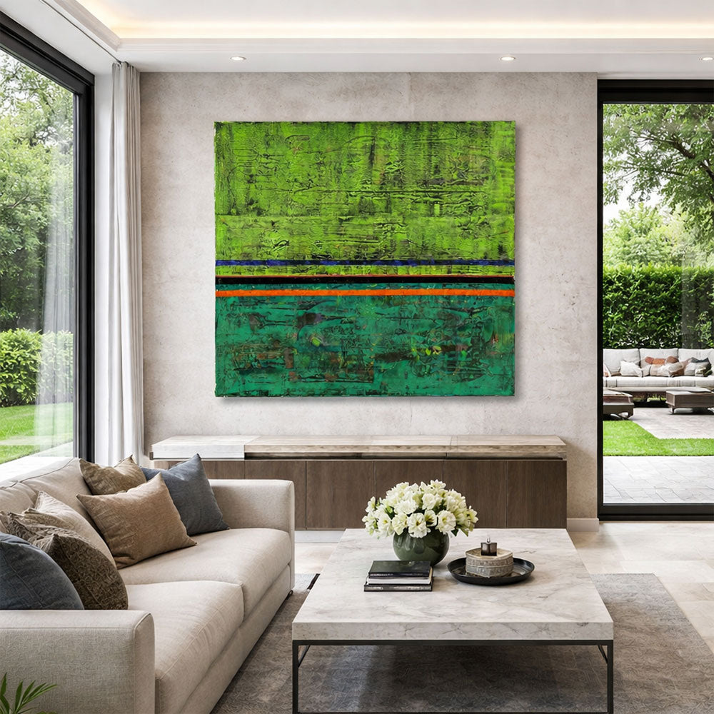 תדר ירוק – ציור מופשט גדול בטקסטורה תעשייתית