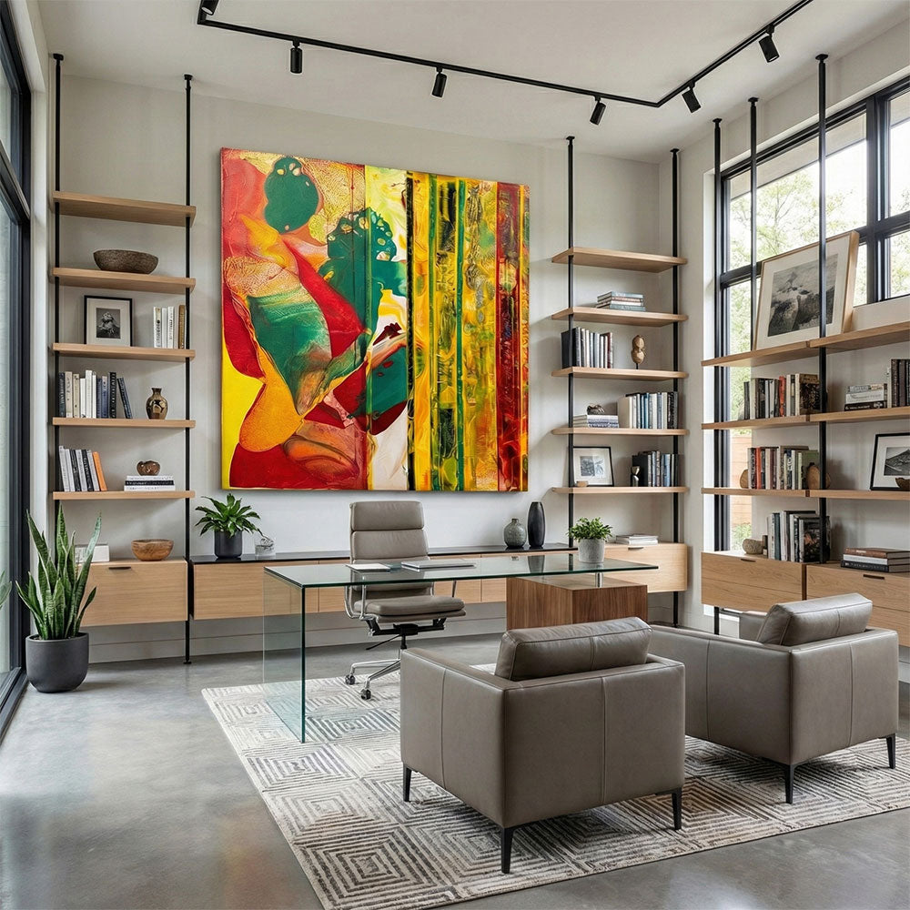 בין שמש לאדמה – ציור אקריליק מופשט גדול בניגודיות עזה