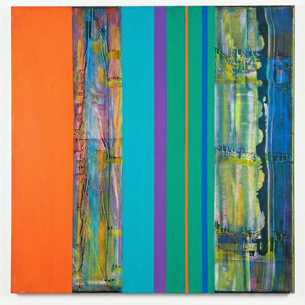 מקצב אנכי ססגוני – ציור מופשט גיאומטרי בפסים