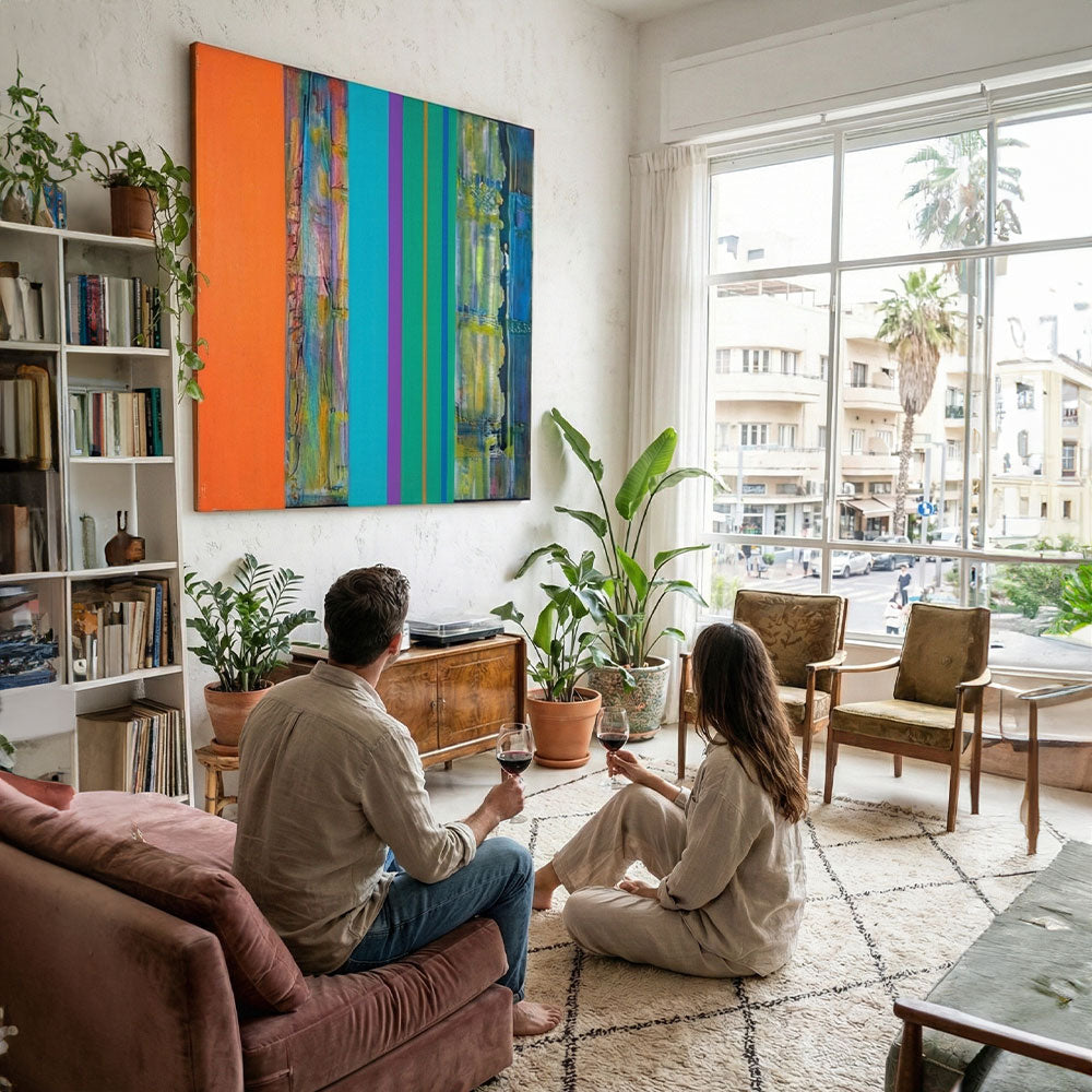 מקצב אנכי ססגוני – ציור מופשט גיאומטרי בפסים