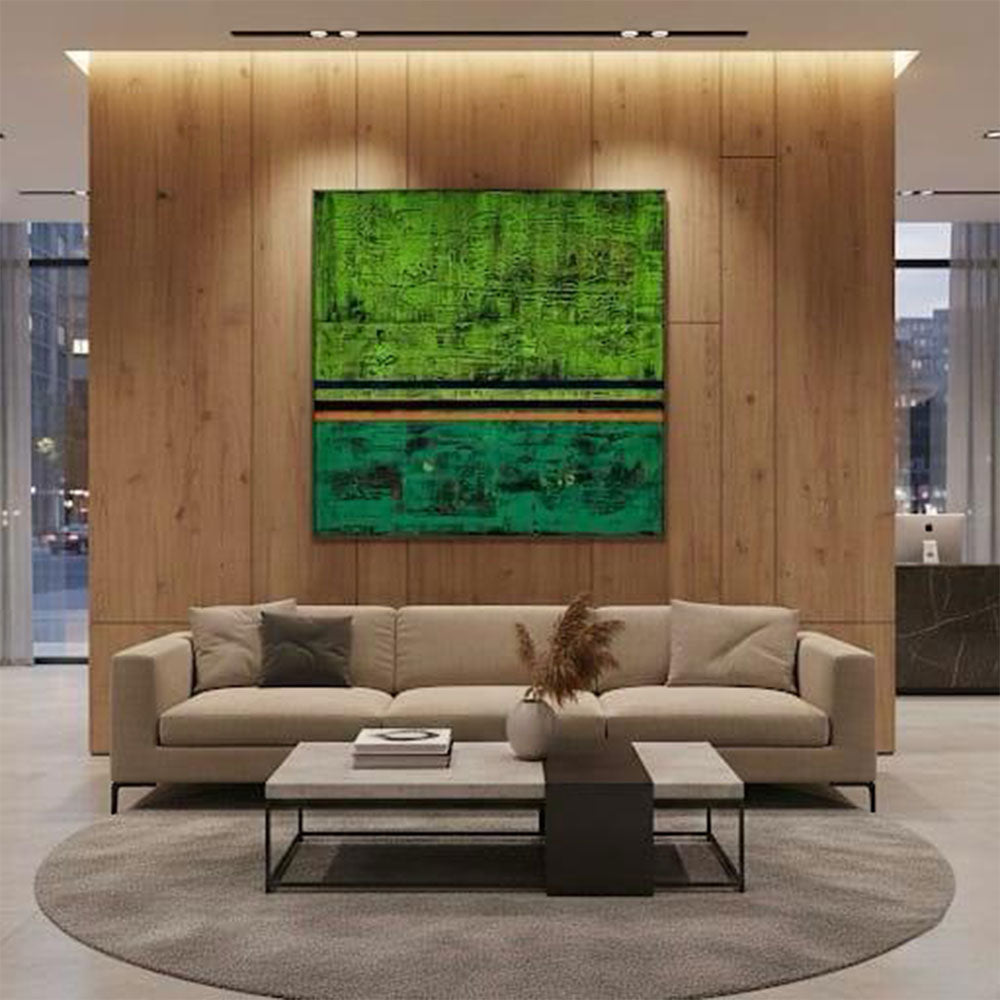 תדר ירוק – ציור מופשט גדול בטקסטורה תעשייתית