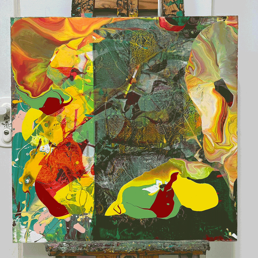 "פריחה פראית בצהוב ואדום" – ציור אקריליק מופשט ואנרגטי | חביבה גולדפרב (Wild Bloom in Yellow and Red – Energetic Abstract Acrylic Painting | Haviva Goldfarb)