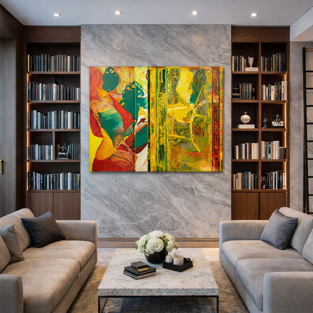 בין שמש לאדמה – ציור אקריליק מופשט גדול בניגודיות עזה